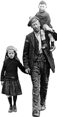 Photograph showing a miner walking home with two children, from Picture the Past (NCCC000667)