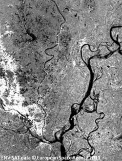 SAR amplitude image of Dhaka, Bangladesh; data from the ENVISAT satellite. 