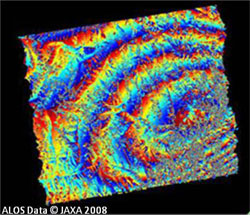 InSAR differential interferogram of Wenchuan, China; data from the ALOS PALSAR satellite. 