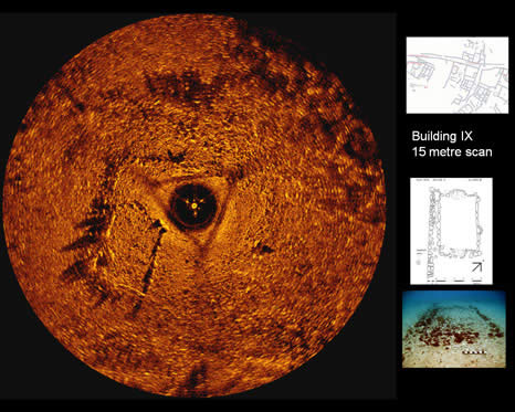 Sector scan sonar images of buildings and structures at Pavlopetri