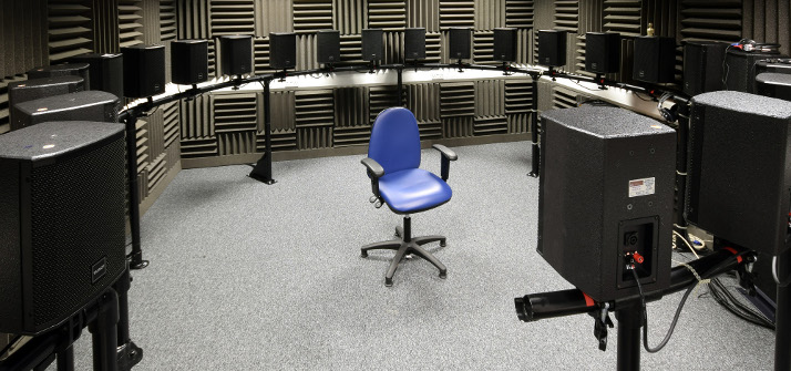 Large soundproof booth and ring of loudspeakers