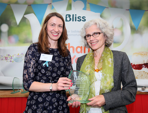 Professor Lelia Duley (right) receiving her award from BLISS Chief Executive, Caroline Davey