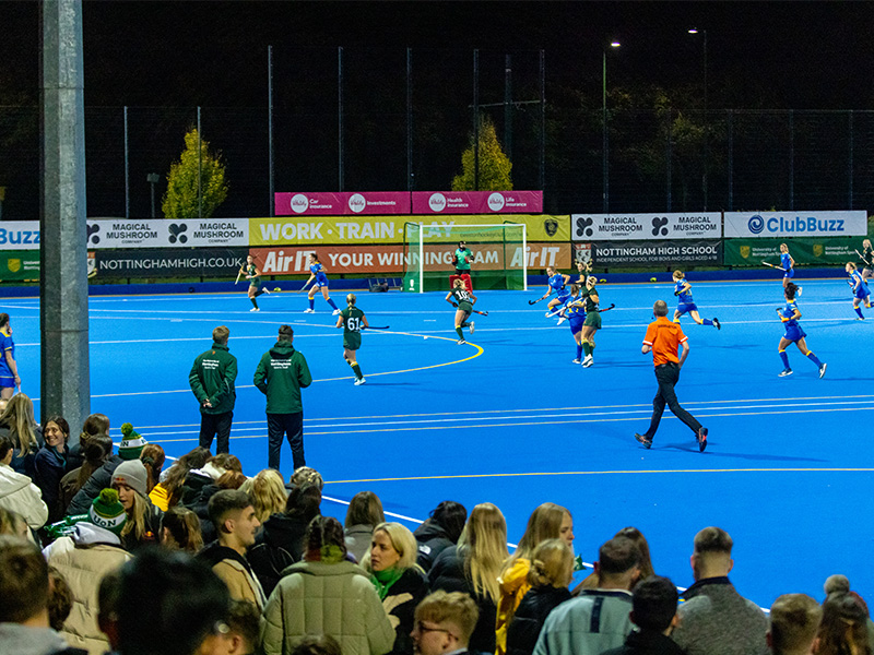 A hockey fixture being payed on pitch 1 at Nottingham Hockey Centre