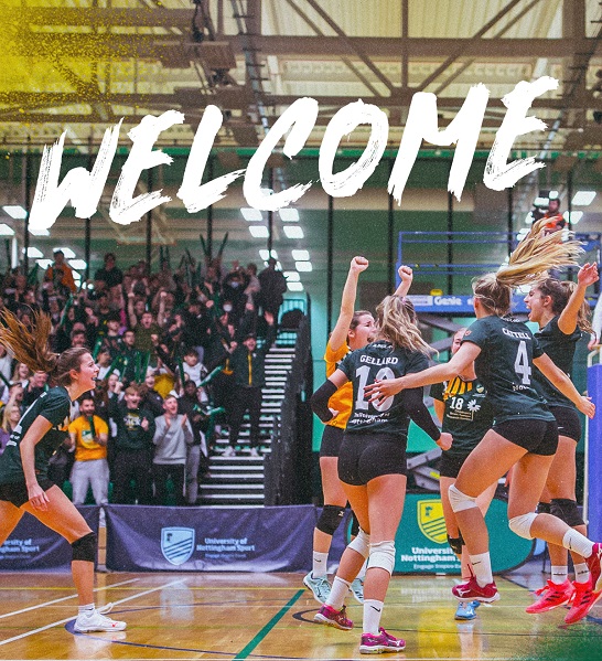 Welcome graphic showing University of Nottingham Women's Volleyball players celebrating