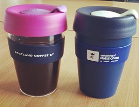 Reusable coffee cups from Portland Coffee Co and University of Nottingham