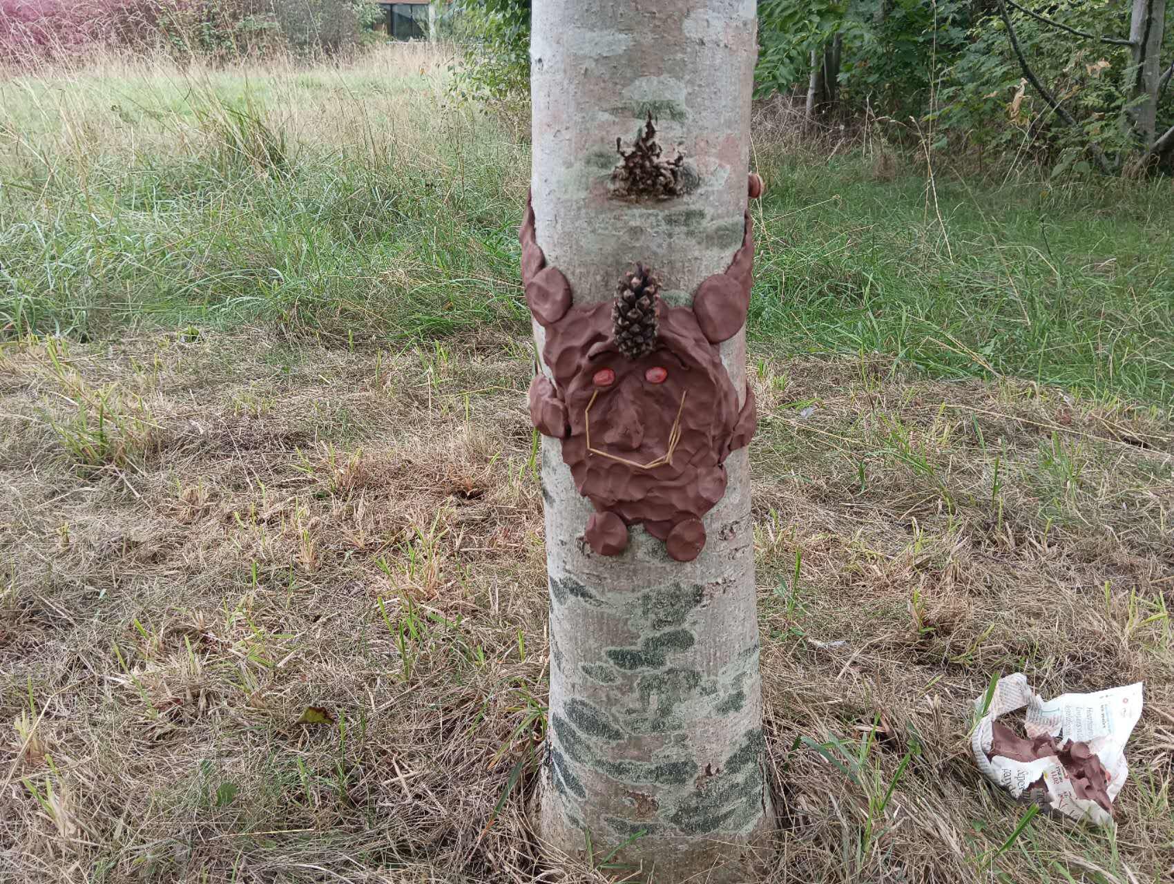 Photograph of a clay face sculpture on a tree
