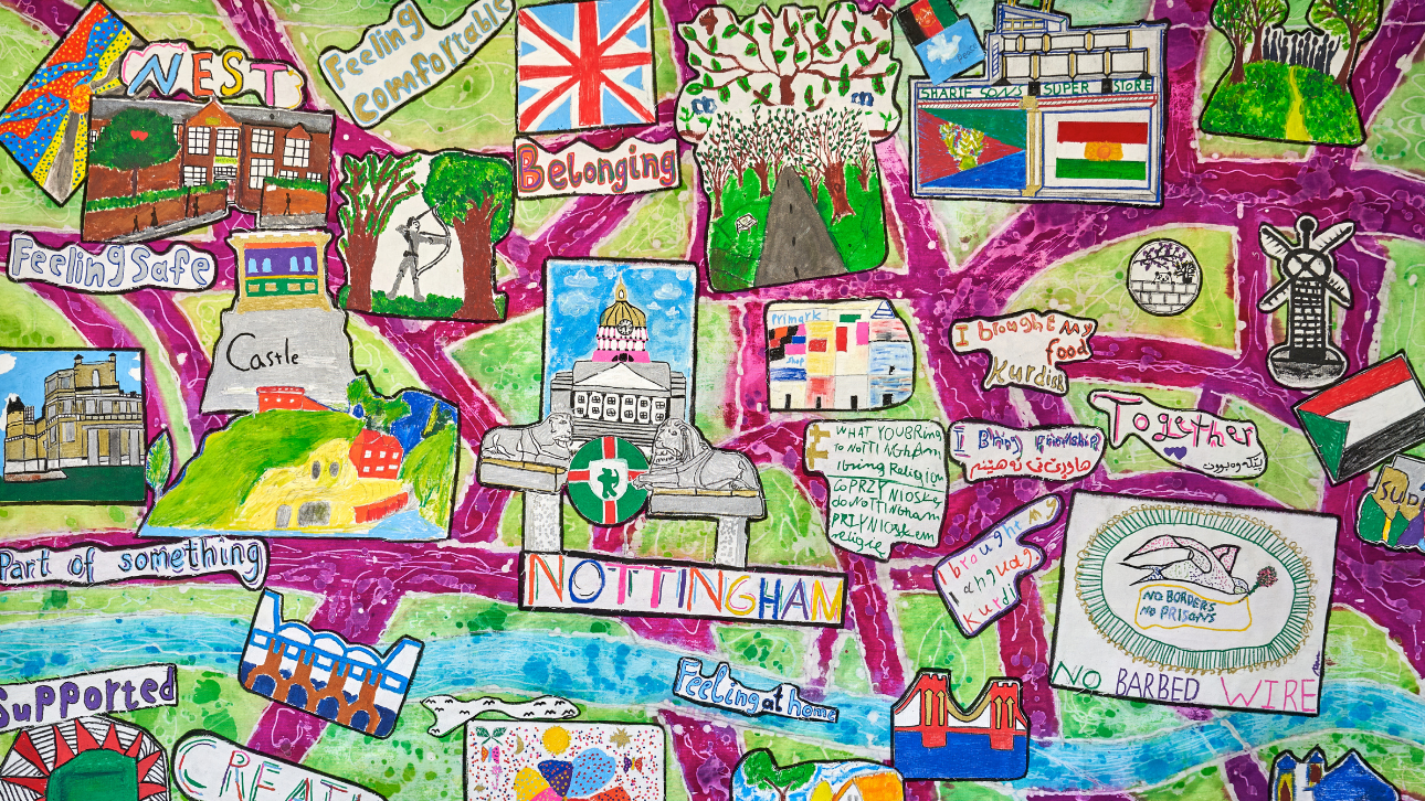 Large material wall banner map of Nottingham with different nations flags and signs on it