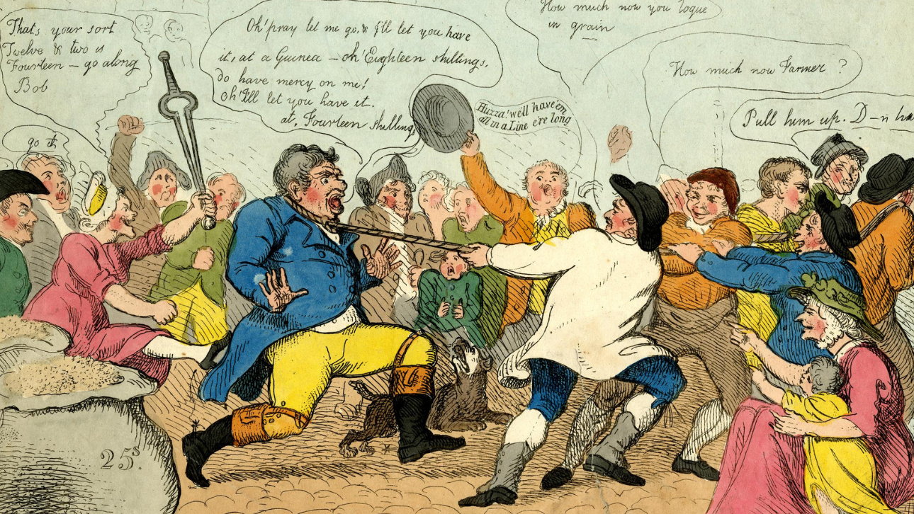 A cartoon showing a group of people rioting, protesting food price rises