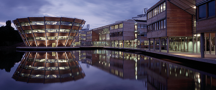 The Learning Resource Centre, Jubilee Campus, at dusk.
