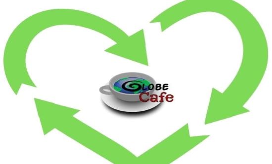 Recycling arrows around a Globe Café logo