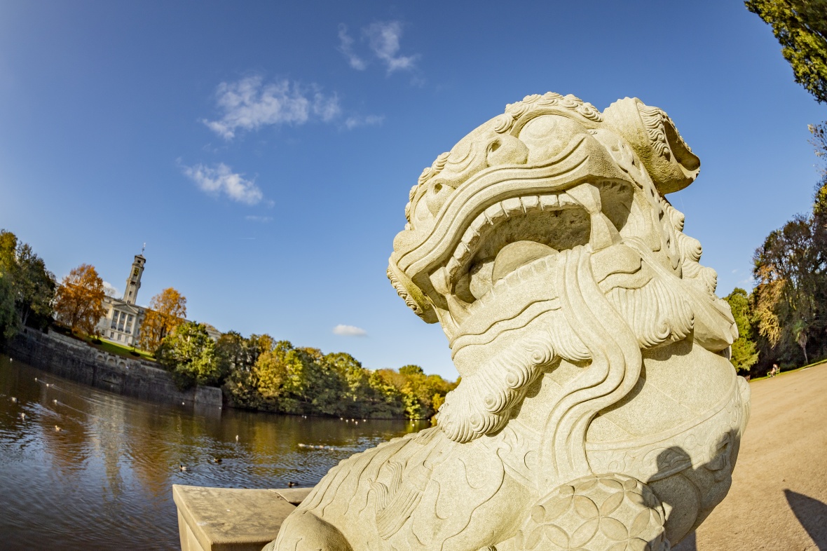 A fisheye phot of one of the Ningbo lions located at Highfield House with Trent building visible in the background