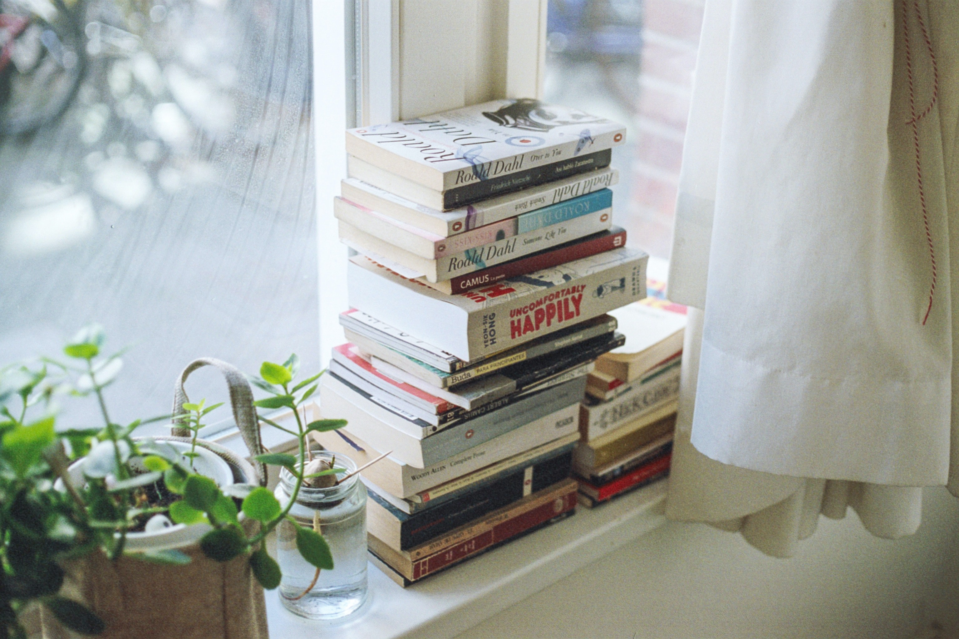 Photo of books resting on a window sill