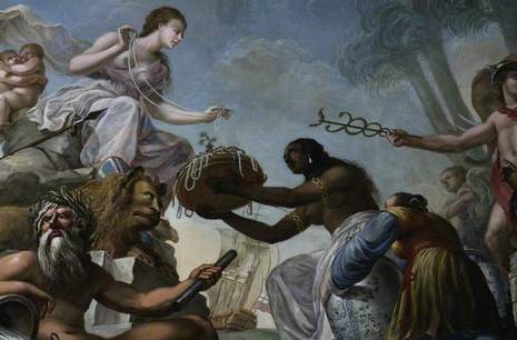 Painting of Britannia receiving jewels and riches from people representing the Eastern colonies
