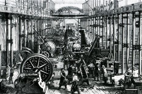 Illustration of an industrial machine hall with men at work