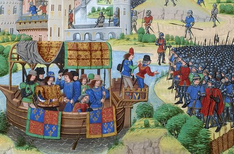 Painting of men in a boat meeting men in armour showing Richard II meeting with rebels of the Peasants' Revolt, 1381