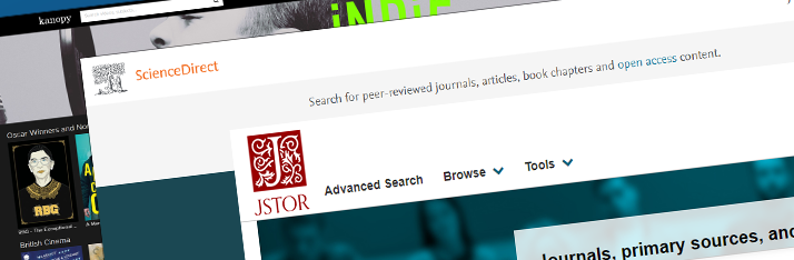 Screenshots of webpages including Kanopy, Science Direct and JStor.