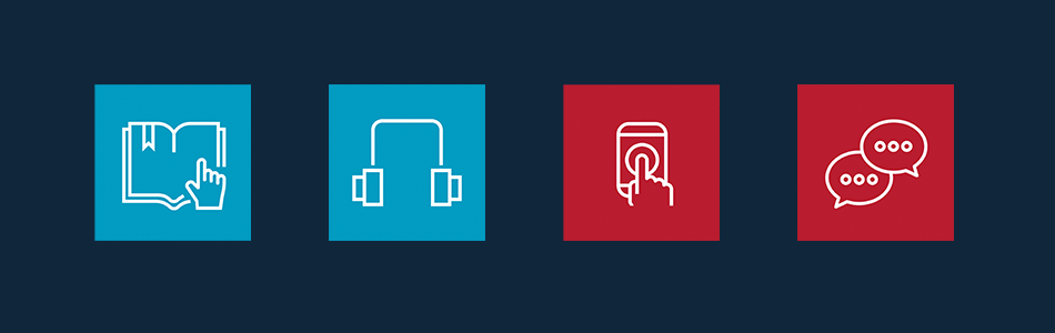 Blue background with icons representing studying, wearing headphones, mobile phones and conversation