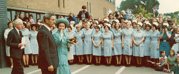Queen Elizabeth II leaving the Medical School at an opening celebration
