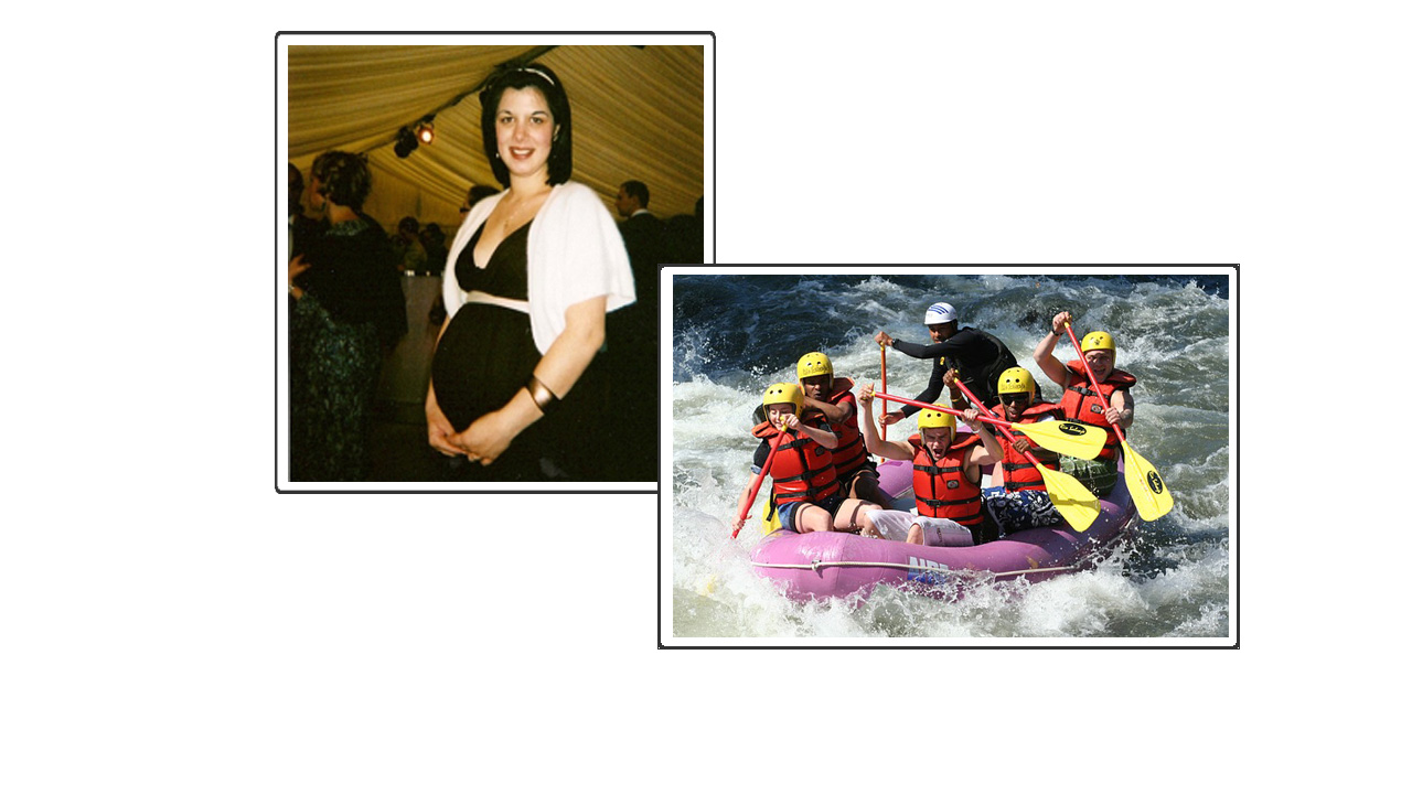 a picture of a pregnant woman and a team paddling through white-water rapids.