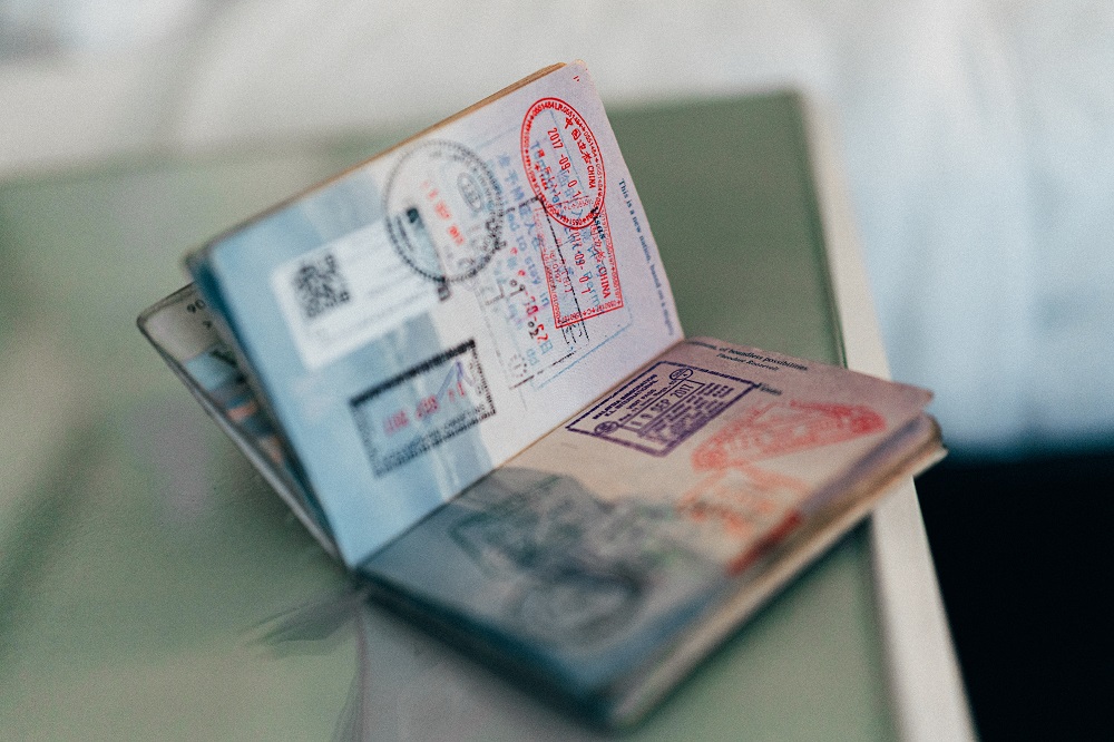 Passport document with stamps