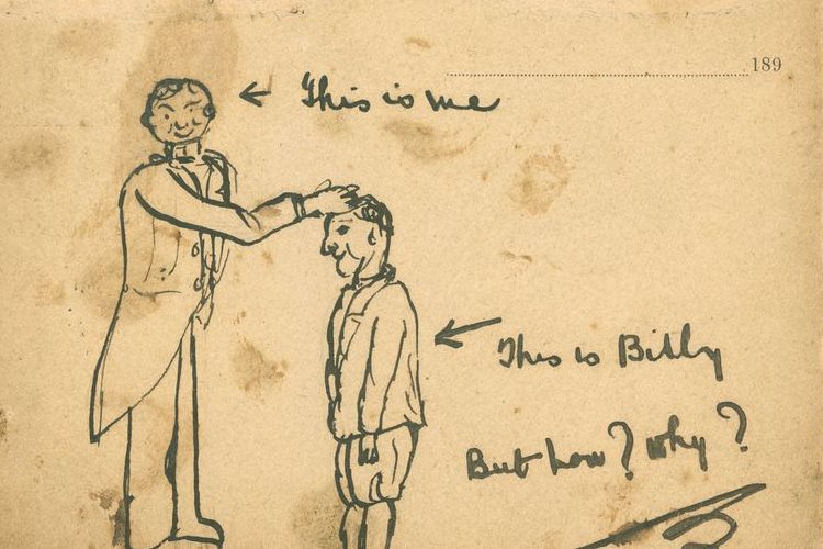 Ink drawing of a man stood with his hand on the head of another man that kneels at his feet. 'This is me' is written with an arrow pointing to the first man, while "This is Billy. But how? Why?" is written next to the kneeling one.