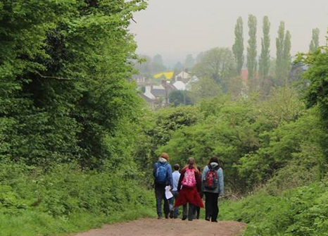 Photograph of a group of people wearing coats and backpacks walking away from the camera down a sloping lane lined with greenery