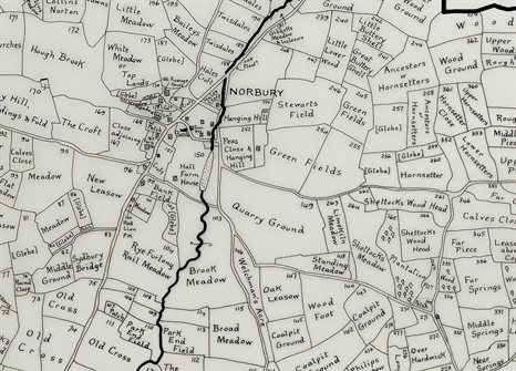A rough line map of Norbury, showing the various roads, field boundaries and local topographic features.