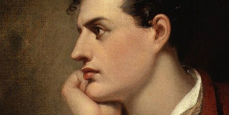 Painting of Byron, a white man with dark curly hair, in profile leaning on one hand and looking to the side.