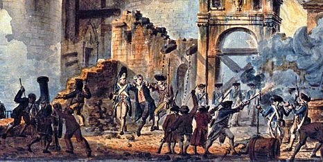 Painting of a ruined city filled with soldiers firing muskets and cannons and rioters in the streets.
