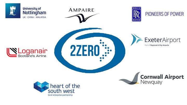 The logo of the 2Zero Project alongside the logos of the project partners (University of Nottingham, Ampaire, Rolls-Royce, Exeter Airport, Cornwall Airport, Heart of the South West LEP and Loganair).