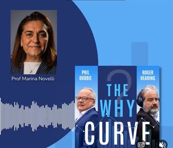 Image of the The Why Curve podcast graphic. The graphic has a photo of Professor Marina Novelli and the podcast hosts Phil Dobbie and Roger hearing. The background is two shades of blue with a sound wave going across it.