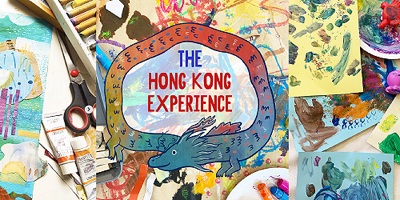 Hong Kong Experience banner. A colourful image showing children's drawings with a coloufull dragon in the centre that is curled in a circle. with the words 'The Hong Kong Experience' written in the space in the middle of the circle.