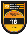QS World University Rankings logo - International trade ranked number 18 in 2024. Black background with orange circle and graphics