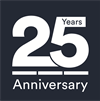 25 Year Anniversary logo - large number 25 in white sitting on a dark blue background with the word 'Anniversary sitting underneath the 25. The word 'Years' is smaller, in blue, and sitting inside the top of the number 5.