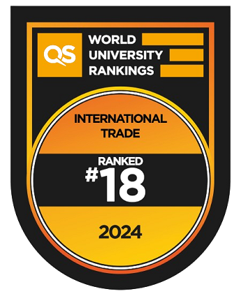 QS World University Rangings logo - International trade ranked number 18 in 2024. Black background with orange circle and graphics