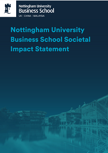 NUBS logo dark blue background with turqoise lettering 'Nottingham University Business School Societal Impact Statement. Turqoise faded image of Jubilee campus with lake in foreground