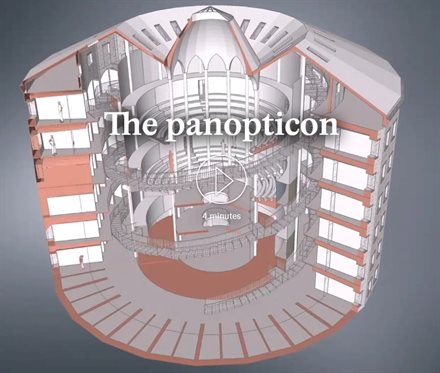 A graphical illustration of the panopticon based on Jeremy Bentham's original drawings