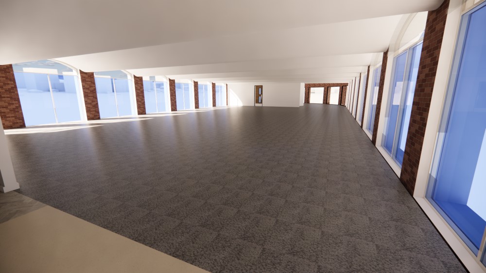 Image showing the shell of the building, once renovated, inside the premises at Castle Meadow Campus. Clear floor with many possibilities to add meeting rooms and more.