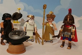 Group of Greek-inspired Playmobil figures (warrior; philosopher; god; goddess) stood