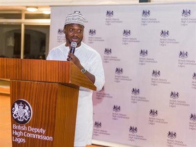 Professor Emmanuel Adegbite speaking at a reception hosted by the UK Deputy High Commissioner in Lagos