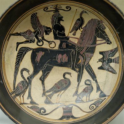 A bareback horse rider in side profile surrounded by birds and a harpy. Figures are drawn in black and terracotta against a cream background.