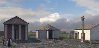 A virtual rendering of the ground view of Maryport with a temple and white buildings.