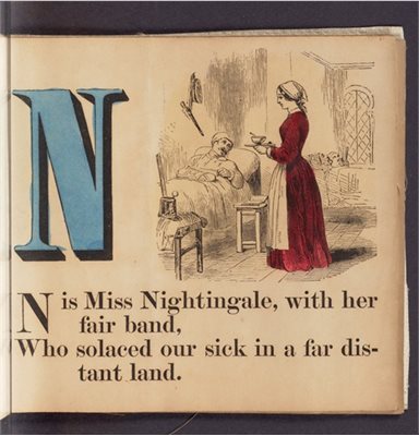 Illustration of Florence Nightingale at the bedside, text reads N is Miss Nightingale with her fair band, who solaced our sick in a far distant land.