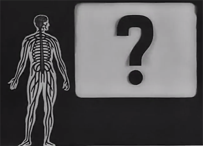 Illustration of a human skeleton facing a question mark on a black background