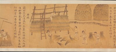 A beige image depicting people creating thatched structures using hay. There is Chinese text on both sides of the image