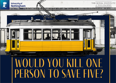 A street scene with a yellow and white tram over a border of the whole page. Yellow text reads &amp;quot;Would you kill one person to save five?&amp;quot;