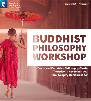 Young Buddhist wearing pink robes carrying a red umbrella. This is a complex image. Please email marketing-events@nottingham.ac.uk for more information. Quote Buddhist philosophy workshop