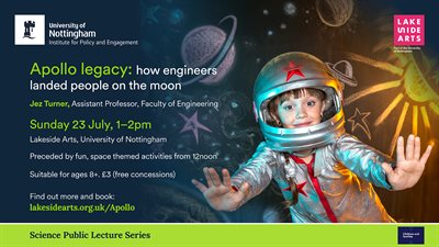 Text with event details written over an image of a small child dressed as astronaut
