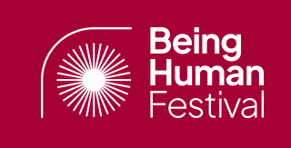 White circle with white lines from the centre. Being Human Festival