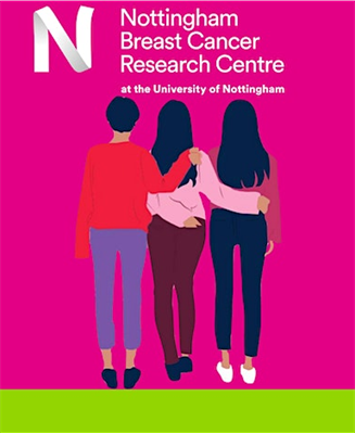 Cartoon image of three women with their arms across each others shoulders against a pink background with the Notitngham Breast Cancer Research Centre logo above